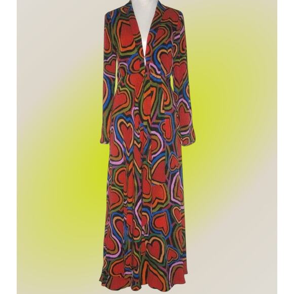 Farm Rio Rainbow Wild Hearts Maxi Dress Womens XS 0 2 Long Sleeve Red - Picture 3 of 16